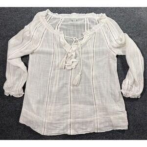 Sundance Artists Ladder White Ruffle Peasant Blouse Tasseled Sz M Poets Romantic